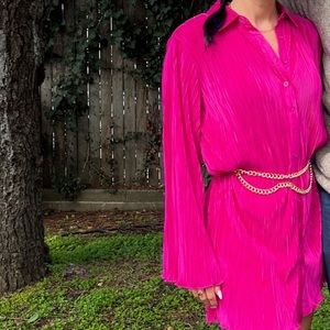 Hot pink pleated dress with fabric belt